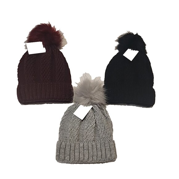 3 pack WEST LOOP fuzzy faux fur Pom pom Hats womens girls cable knit black gray - Picture 1 of 6